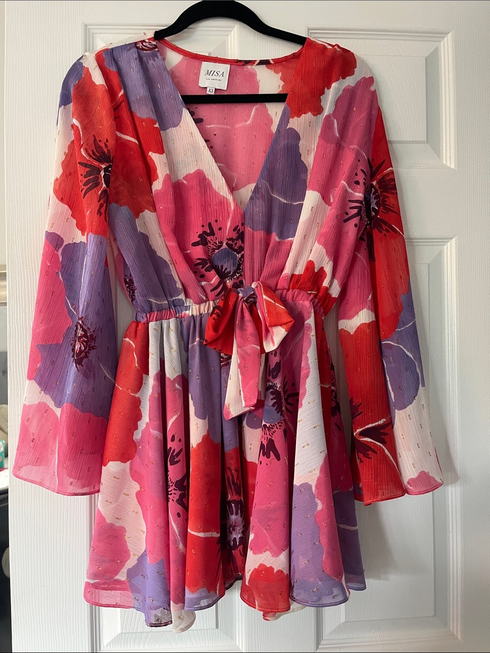 Misa Los Angeles Pink Red & Purple Floral Tie-Waist Mini Dress